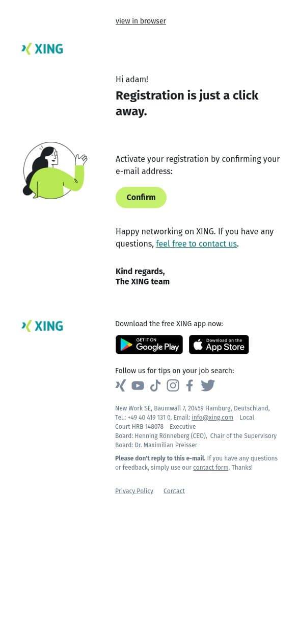 Confirm your e-mail address here email from Xing screenshot