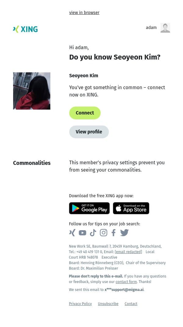 Do you know Seoyeon Kim? email from Xing screenshot