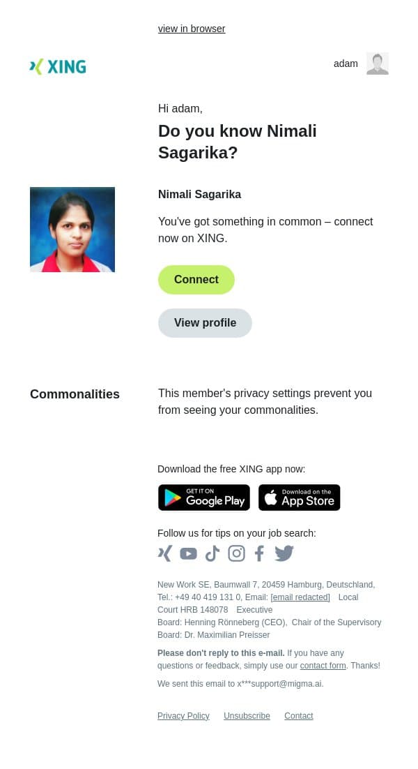 Do you know Nimali Sagarika? email from Xing screenshot