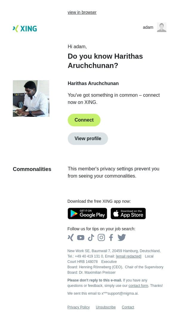 Do you know Harithas Aruchchunan? email from Xing screenshot