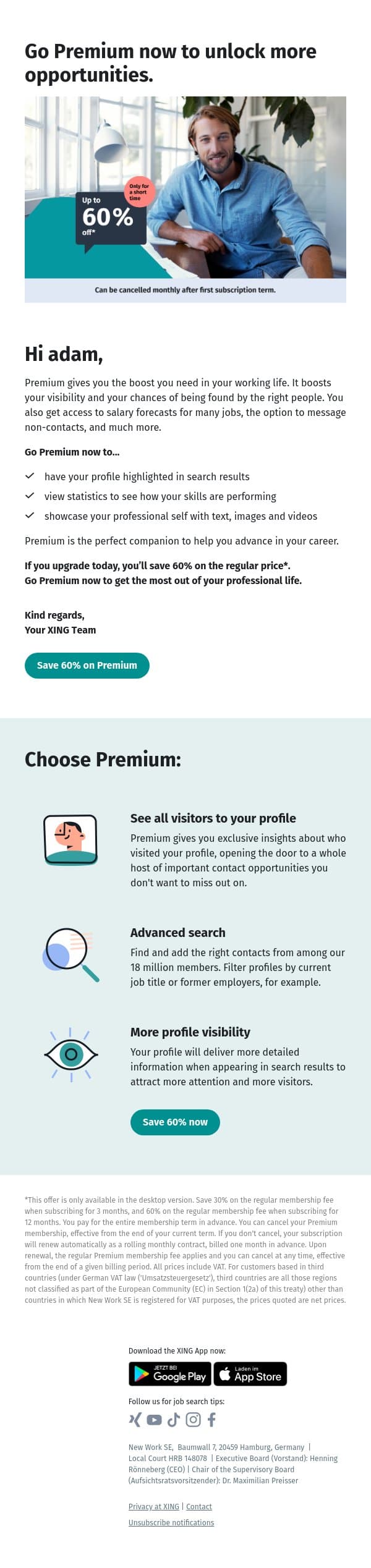 Go Premium now to unlock more opportunities, adam. email from Xing screenshot