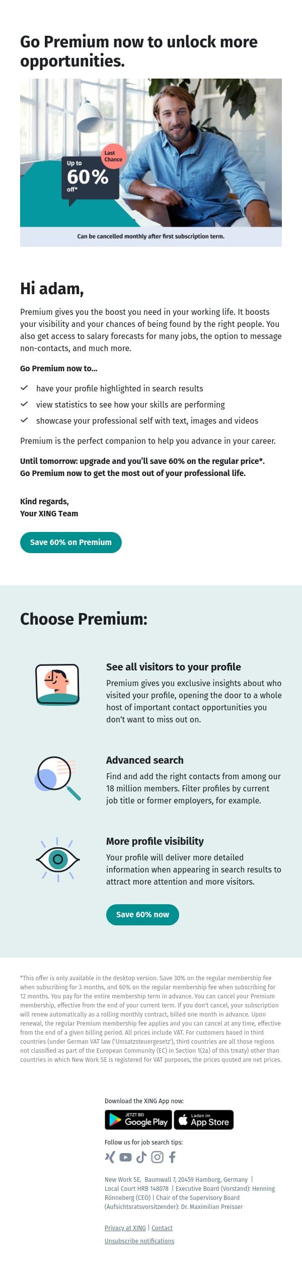 Until tomorrow: save up to 60% on Premium, adam. email from Xing screenshot