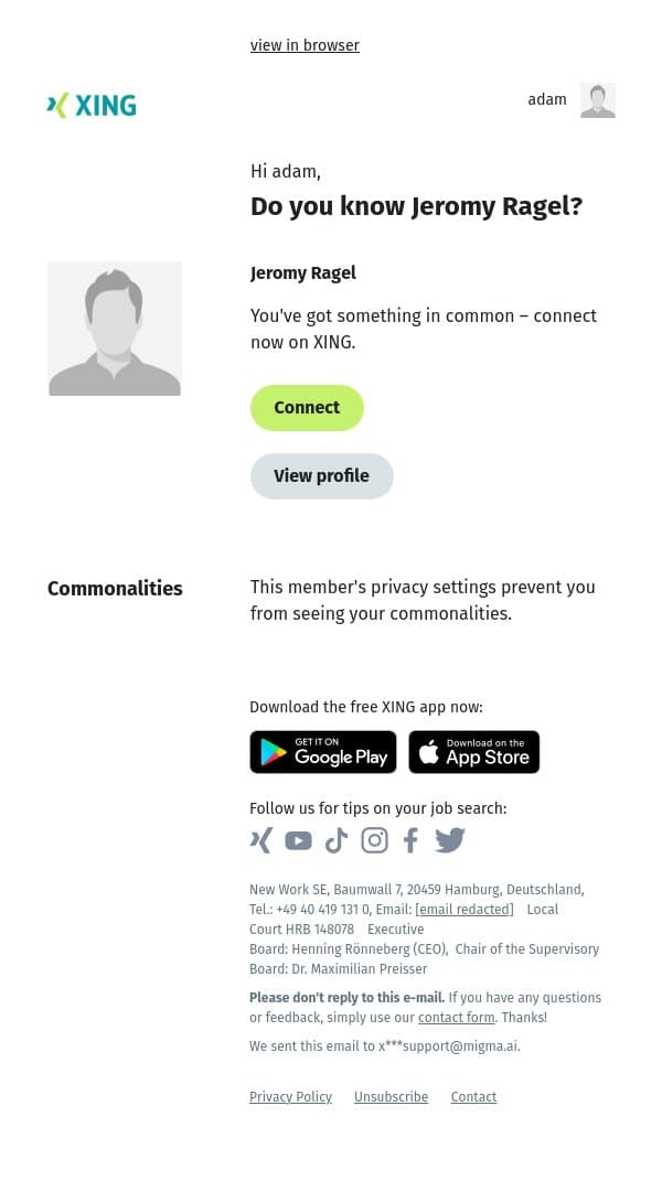 Do you know Jeromy Ragel? email from Xing screenshot