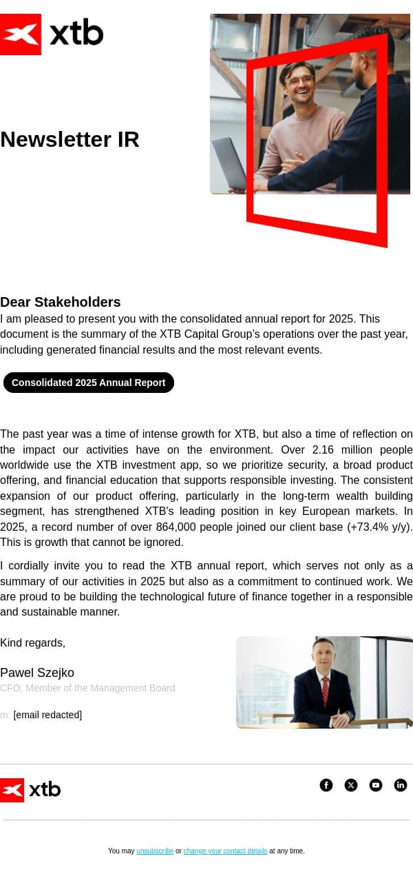 [XTB] 2025 Annual Report email from XTB screenshot