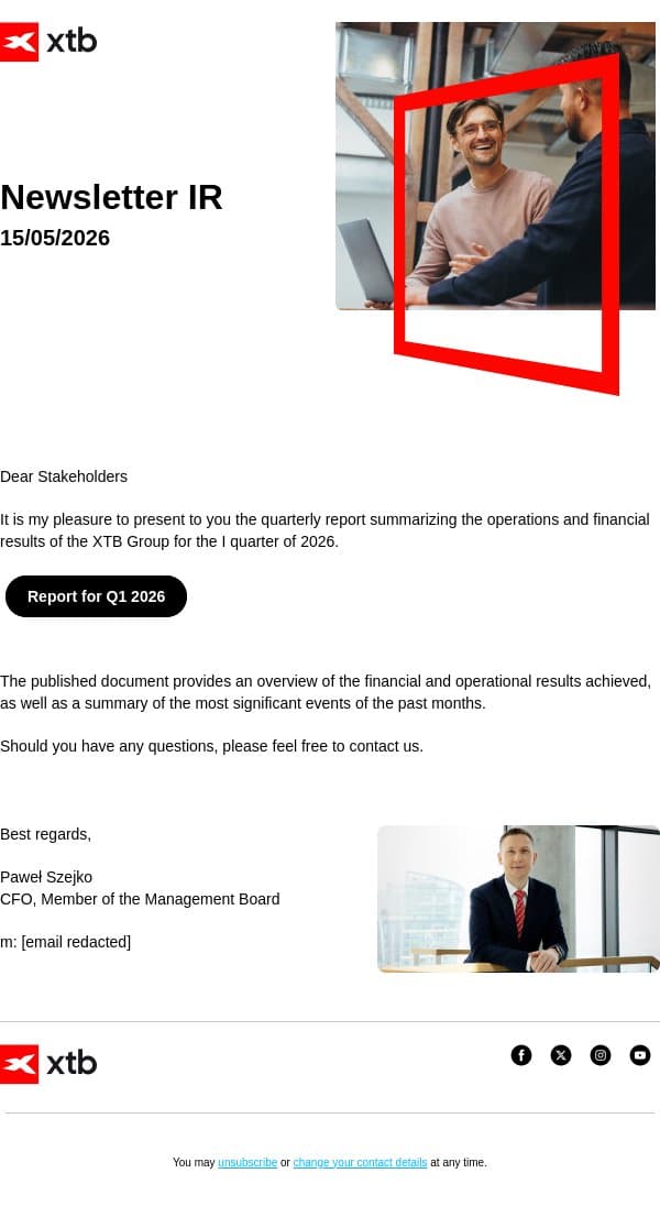 [XTB] Report for Q1 2026 email from XTB screenshot