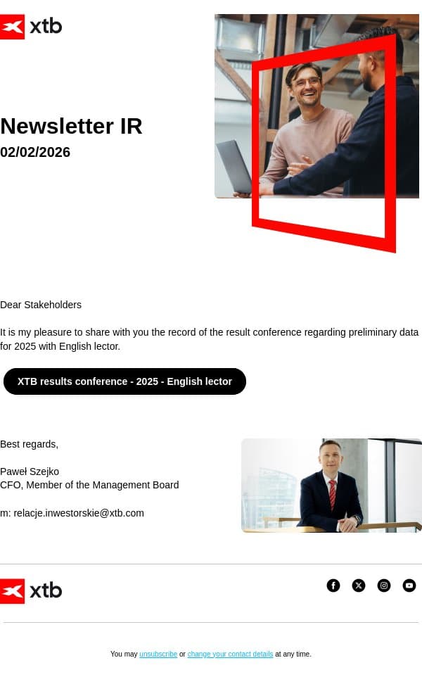 [XTB] Record of the results conference - preliminary data for 2025 email from XTB screenshot