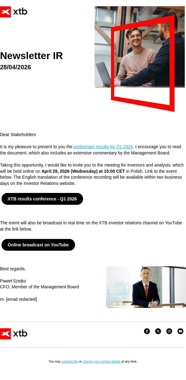 [XTB] Q1 2026 preliminary results email from XTB screenshot