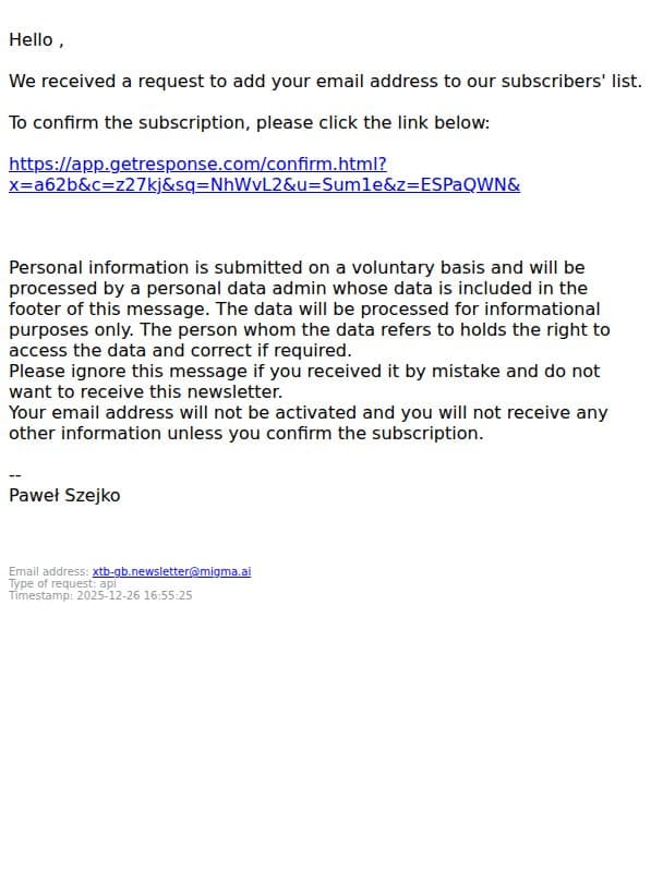 Please confirm your newsletter subscription. email from XTB screenshot