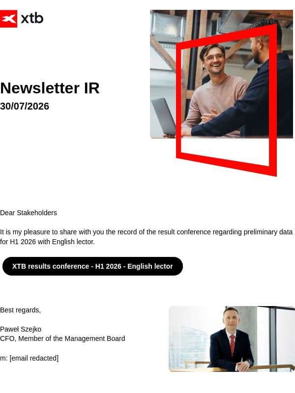 [XTB] Record of the results conference - preliminary data for H1 2026 email from XTB