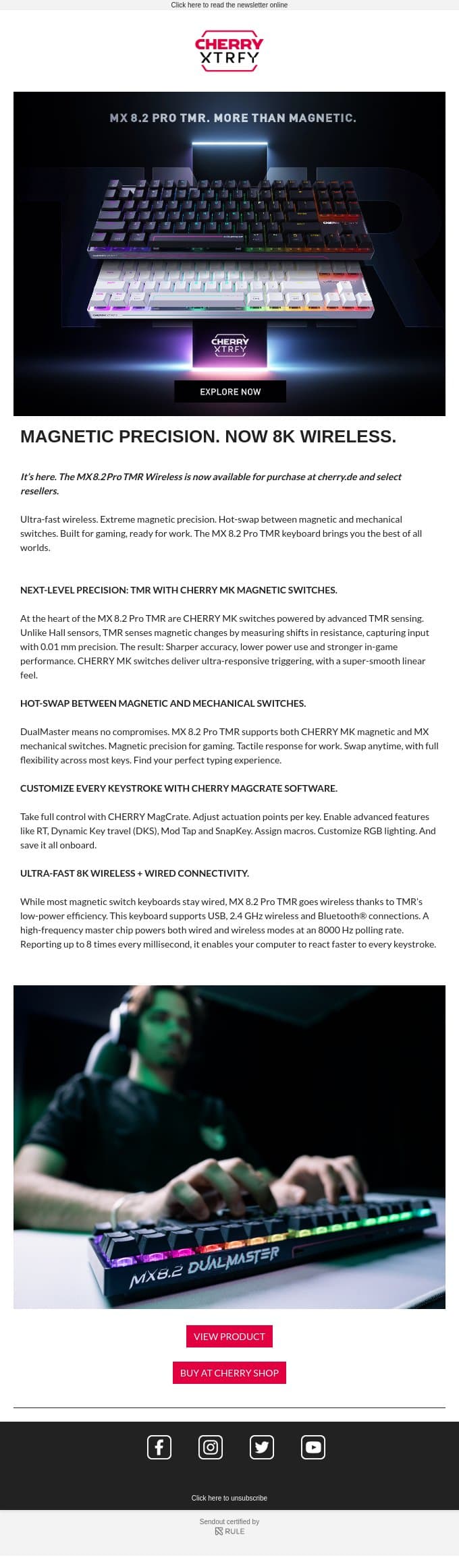 It’s here. Meet the MX 8.2 Pro TMR Wireless keyboard. email from Xtrfy screenshot