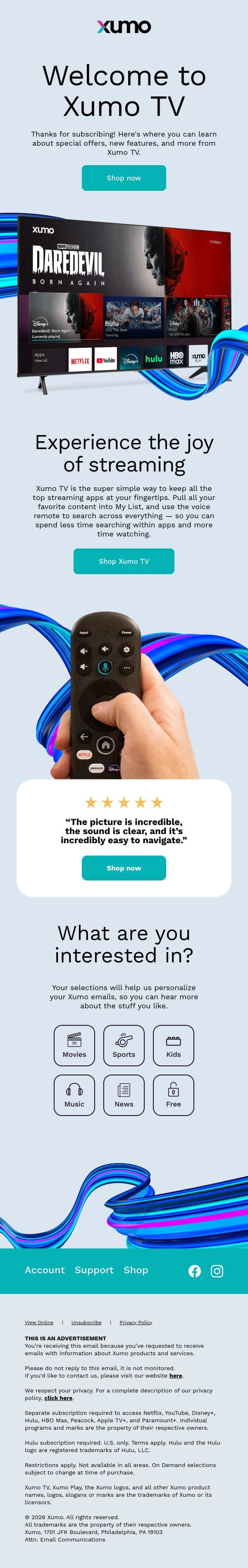 Here's more info on the new Xumo TV email from Xumo screenshot