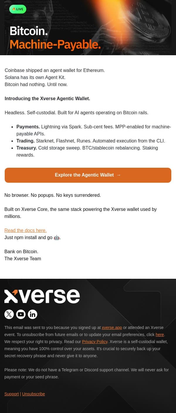 AI agents can now pay, trade, and manage BTC. Natively. email from Xverse screenshot