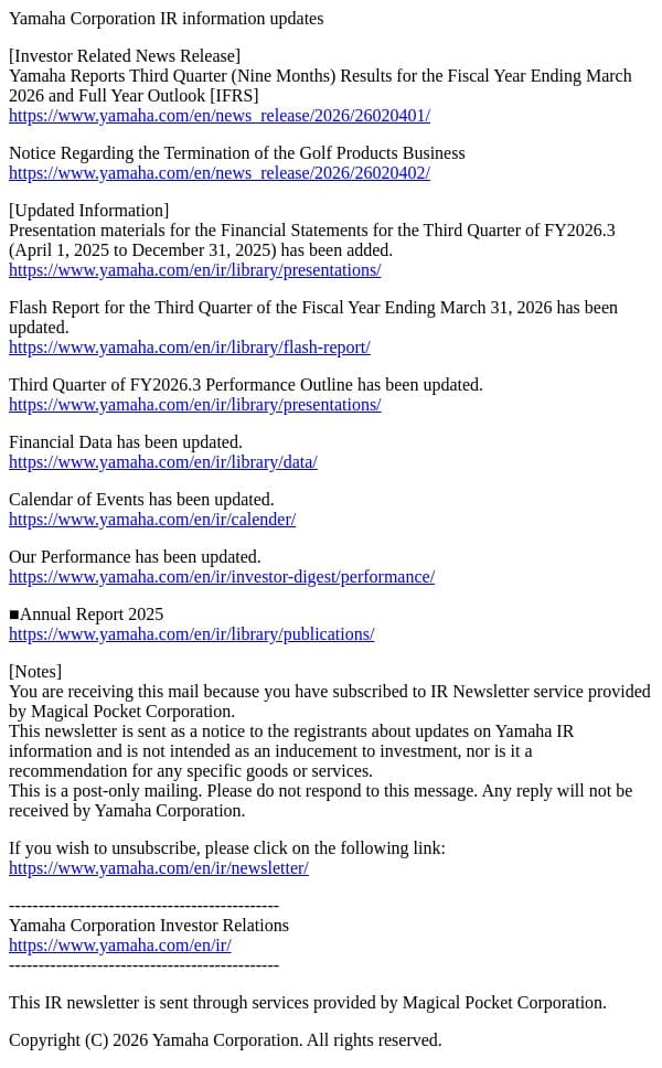 Yamaha Corporation IR News email from Yamaha screenshot