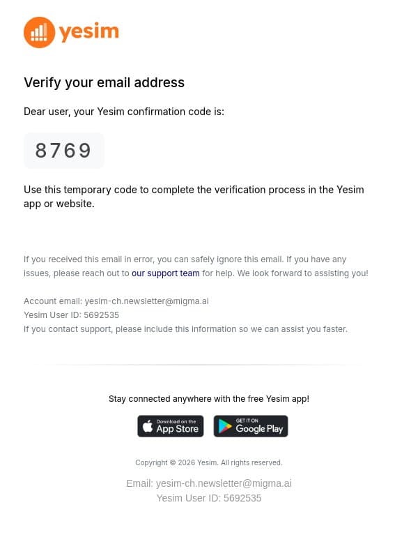 Your confirmation code: 8769 email from Yesim screenshot