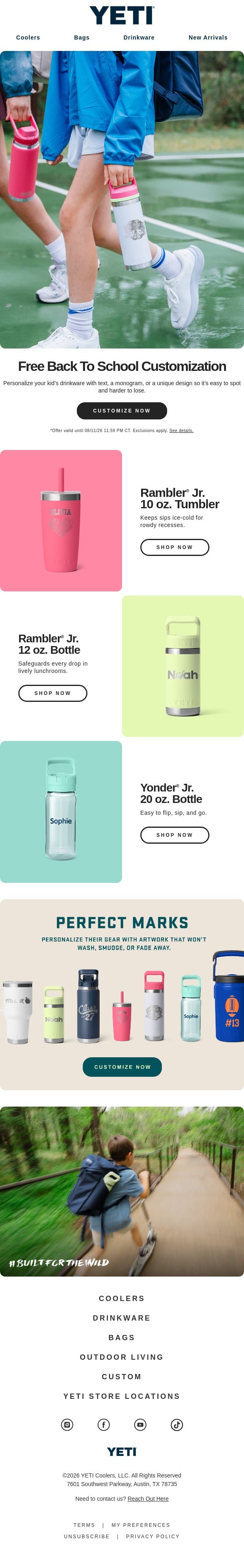 Free Customization To Start The School Year email from Yeti screenshot