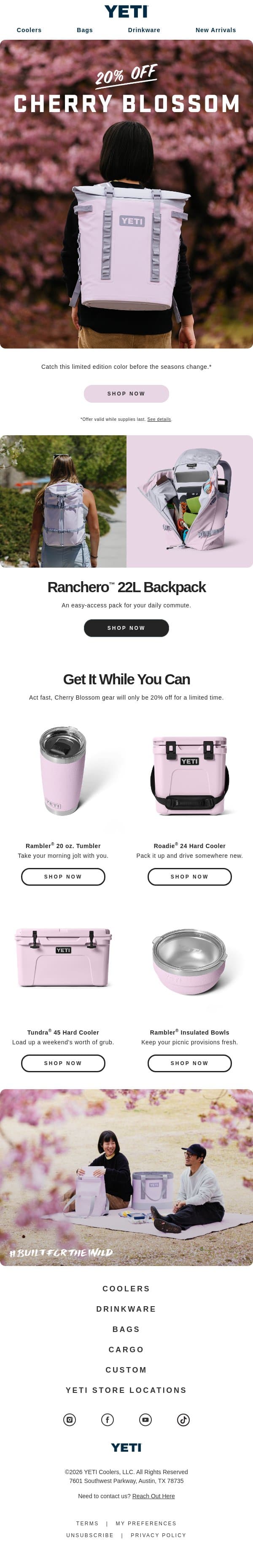 Get 20% Off The Cherry Blossom Collection email from Yeti screenshot