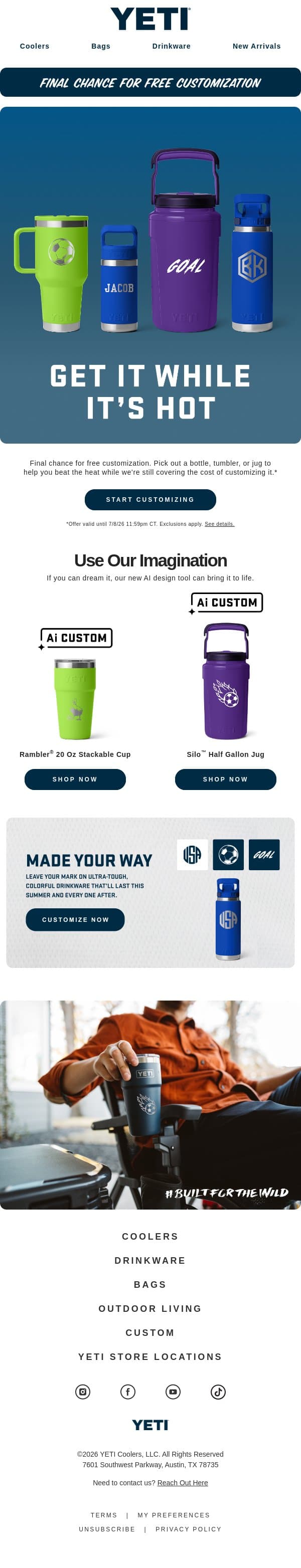 Final Chance For Free Customization email from Yeti screenshot
