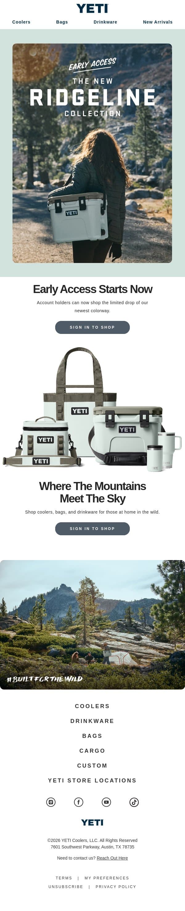 Early Access To The Ridgeline Collection Starts Now email from Yeti screenshot