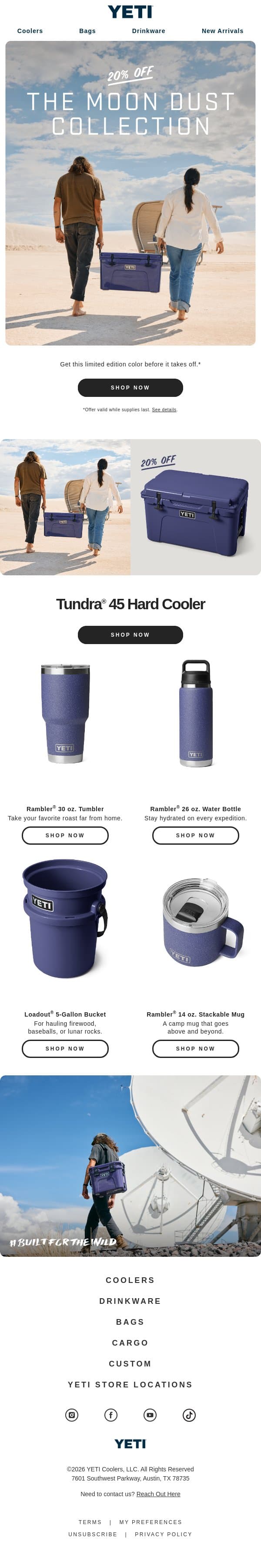 20% Off The Moon Dust Collection email from Yeti screenshot