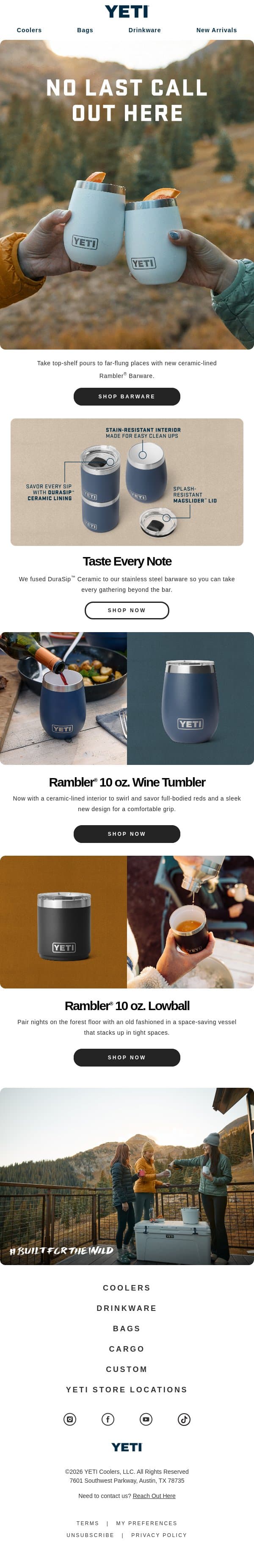 New Ceramic-Lined Barware email from Yeti screenshot