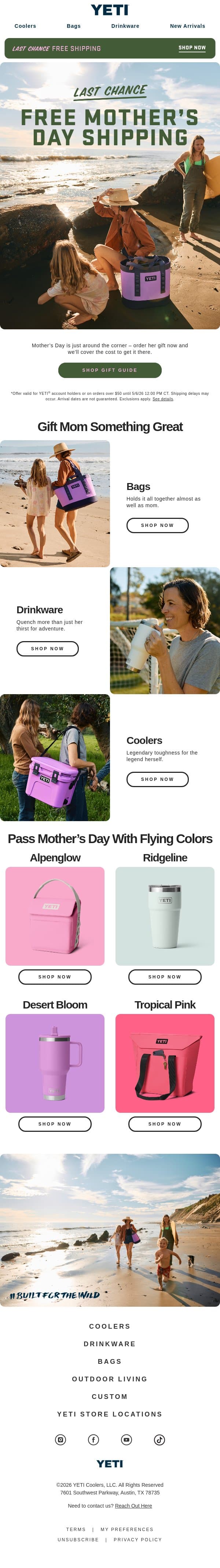 LAST CHANCE: Free Mother’s Day Shipping email from Yeti screenshot