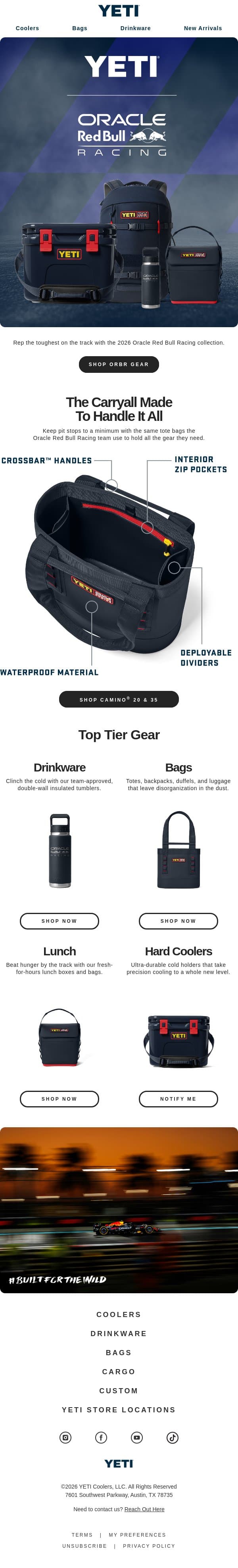 The YETI® X Oracle Red Bull Racing Collection email from Yeti screenshot
