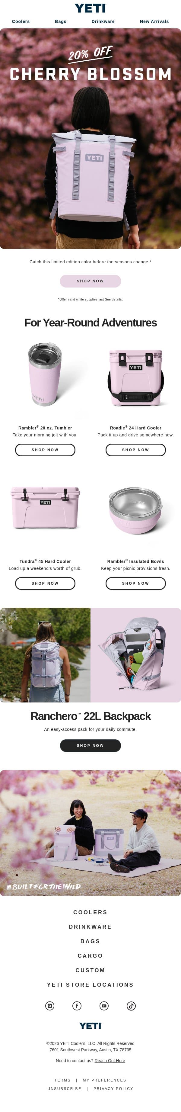20% Off The Cherry Blossom Collection email from Yeti screenshot