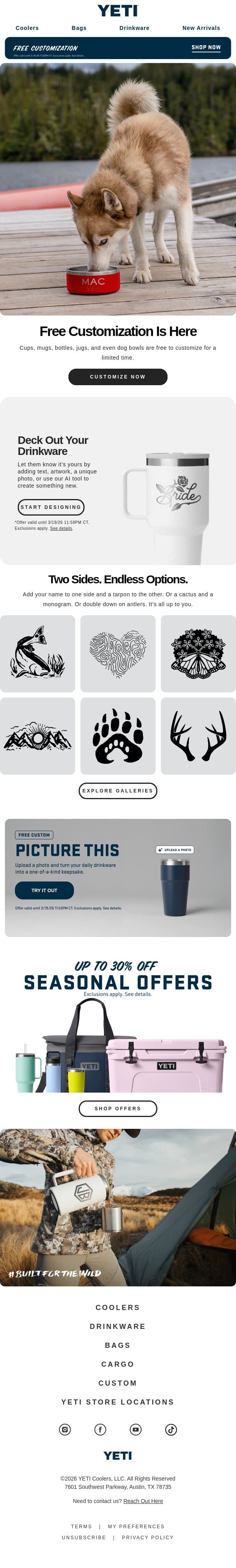 Now’s The Time For Free Customization email from Yeti screenshot