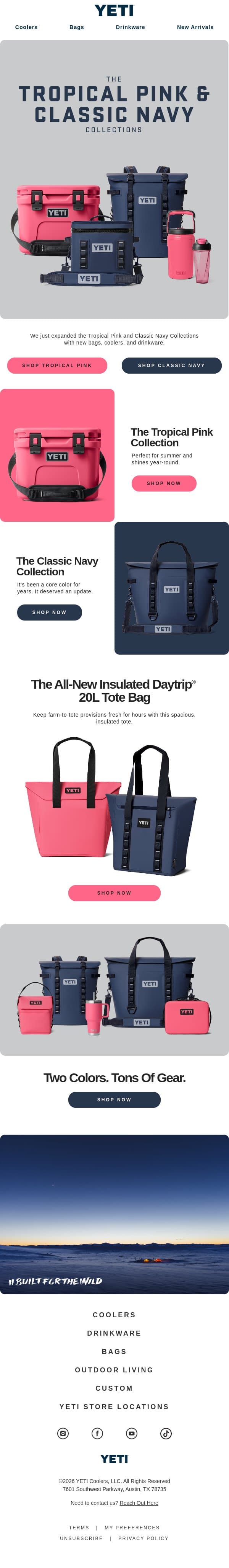 The Tropical Pink and Classic Navy Collections Just Got Bigger email from Yeti screenshot