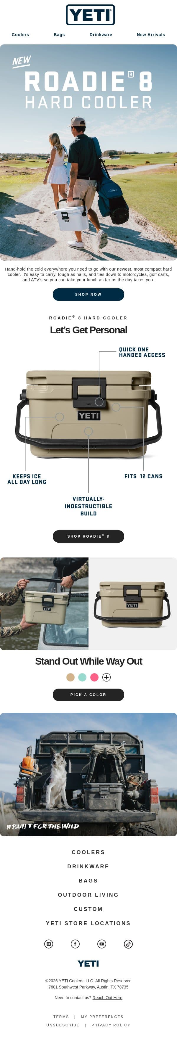 JUST DROPPED: The All-New Roadie® 8 Hard Cooler email from Yeti screenshot