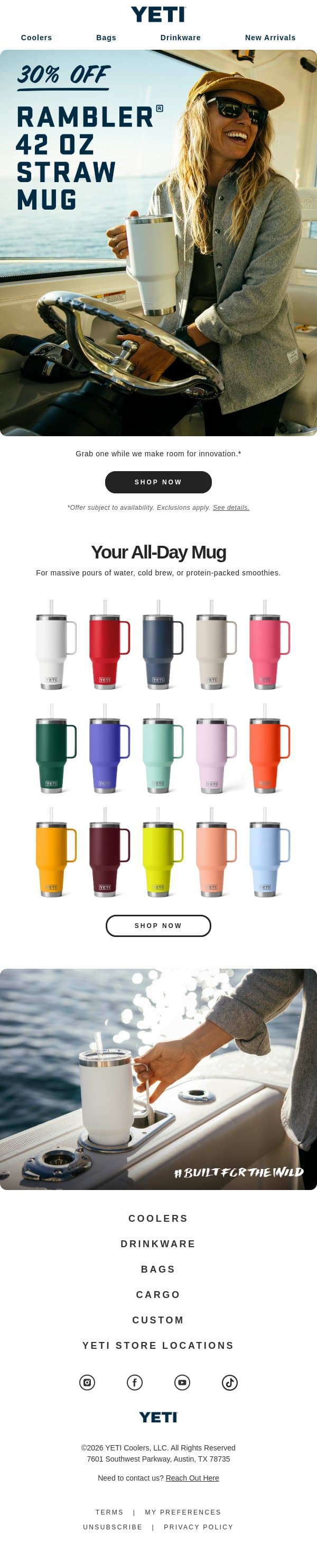 Rambler® 42 oz. Straw Mug Is 30% Off email from Yeti screenshot