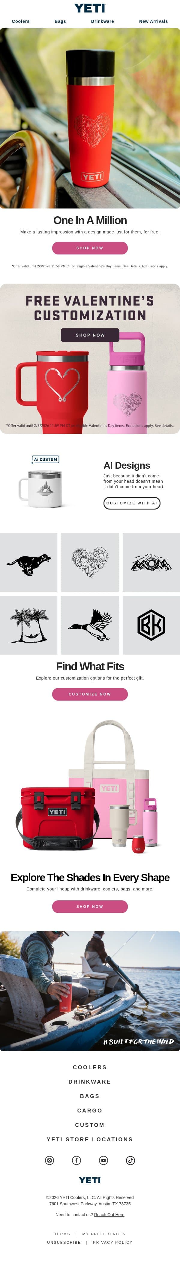 Time For Free Valentine’s Day Customization email from Yeti screenshot