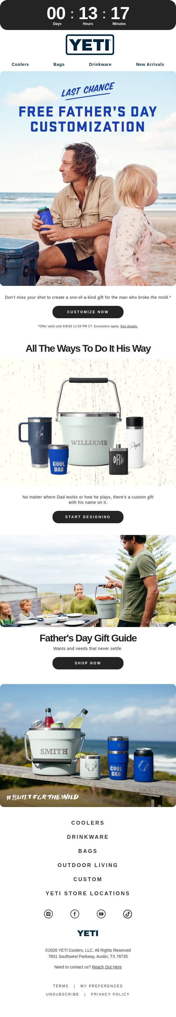 Last Call: FREE Father’s Day Customization email from Yeti screenshot