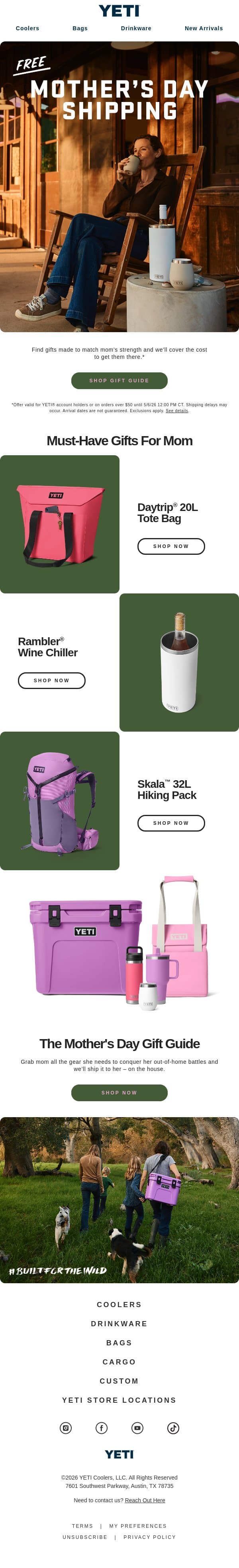 Free Mother’s Day Shipping email from Yeti screenshot