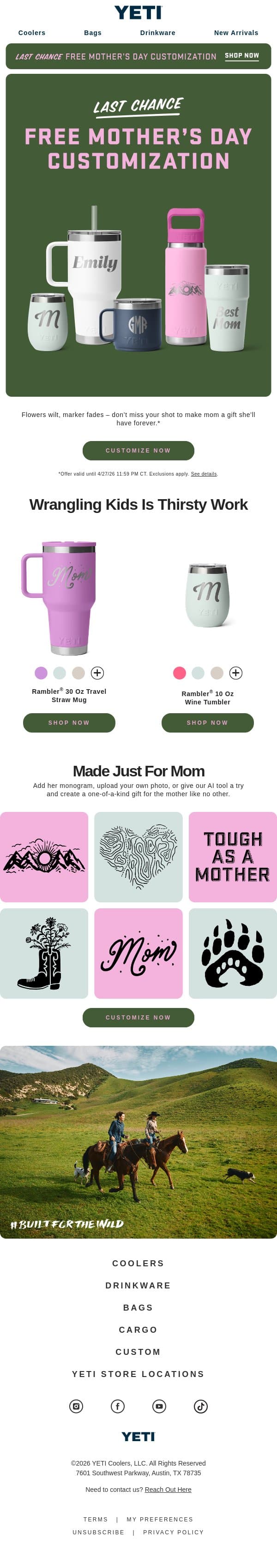 LAST CHANCE: Free Mother’s Day Customization email from Yeti screenshot