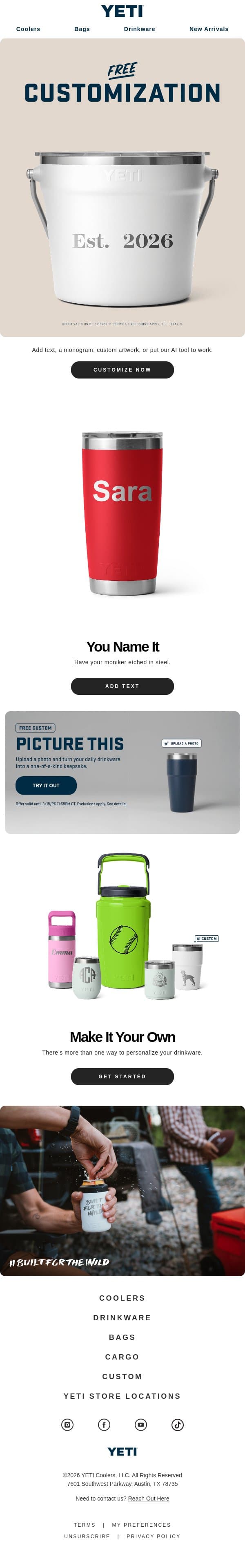 Free Customization Starts Now email from Yeti screenshot