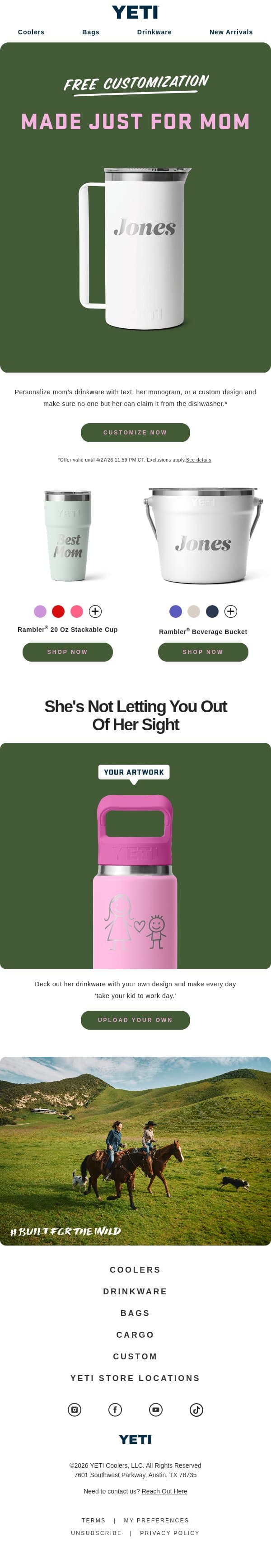 Free Mother’s Day Customization email from Yeti screenshot