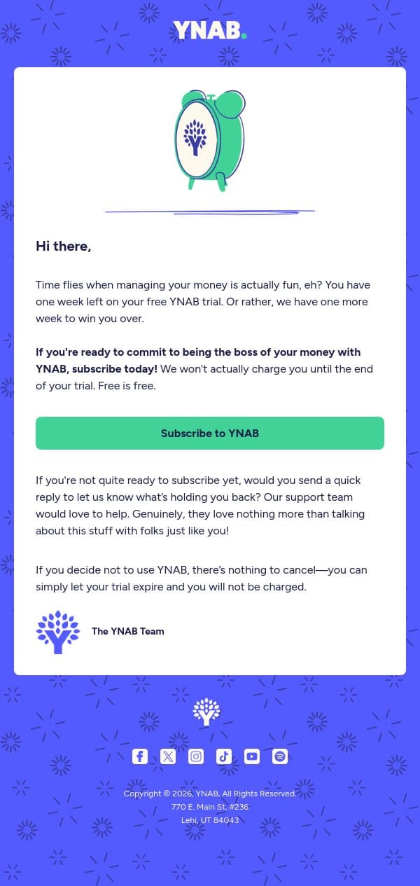 One Week Left in Your YNAB Trial email from YNAB screenshot