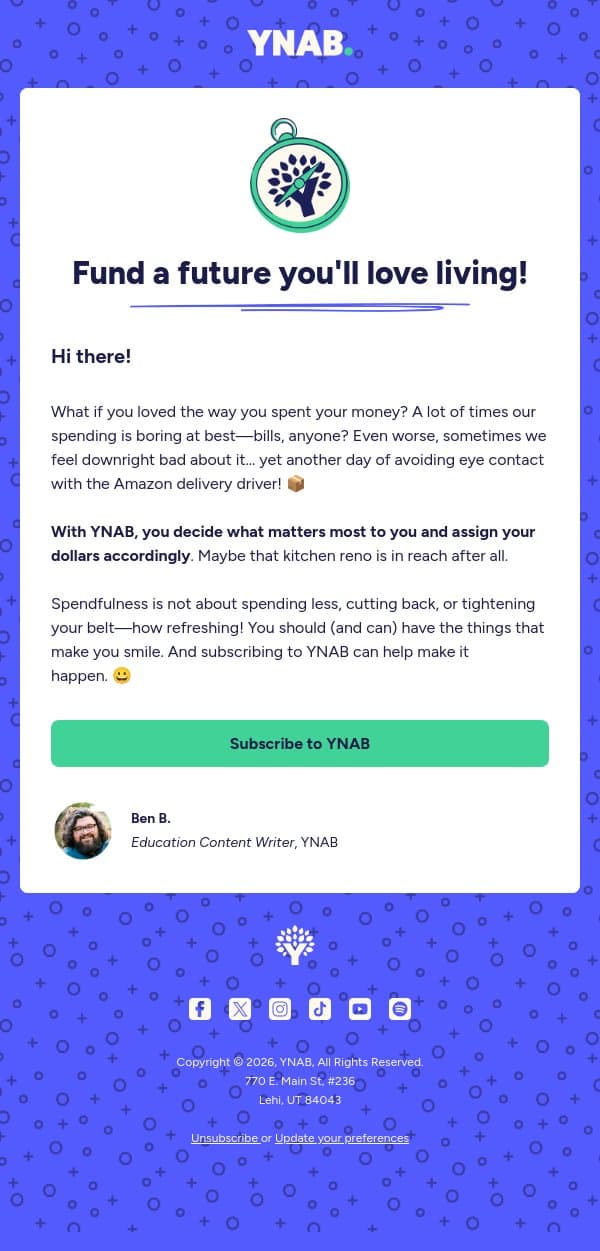 Fund a Future You’ll Love Living In email from YNAB screenshot