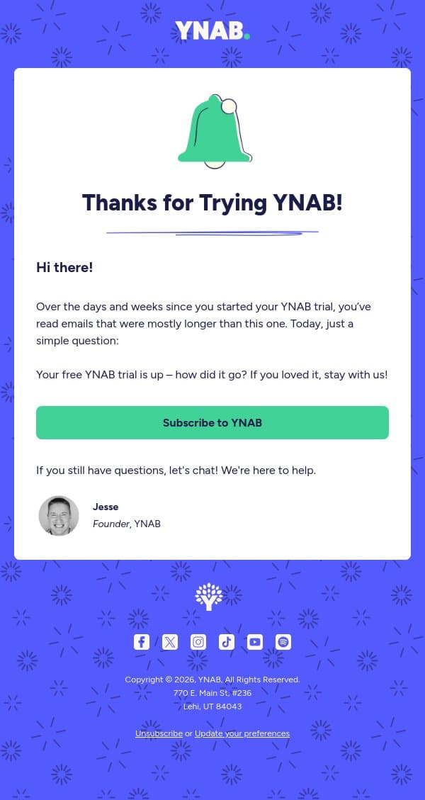 Thanks for trying YNAB! email from YNAB screenshot