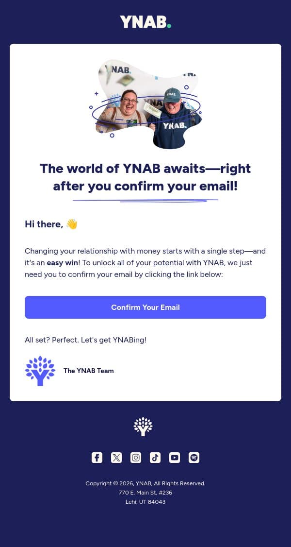 Please Confirm Your Email email from YNAB screenshot