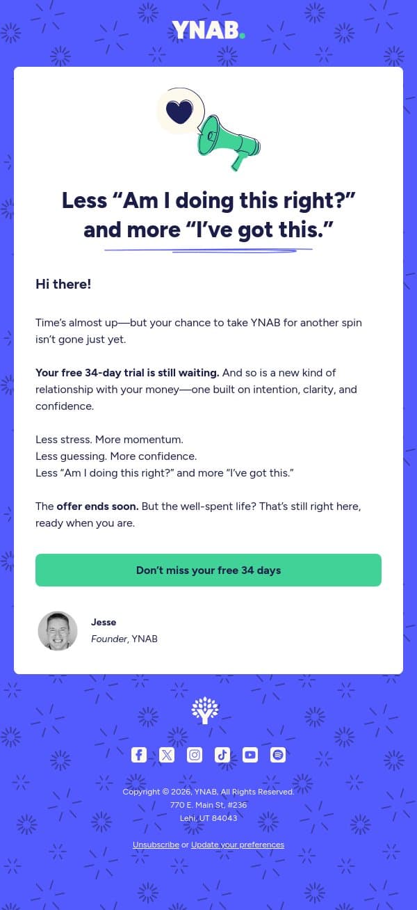 ⏳Final hours: Get one more free month email from YNAB screenshot