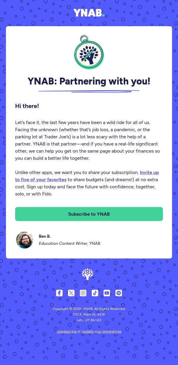 YNAB: Partnering with You email from YNAB screenshot