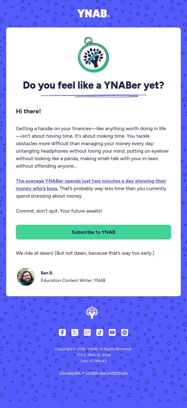 Feeling Like a YNABer Yet? email from YNAB screenshot