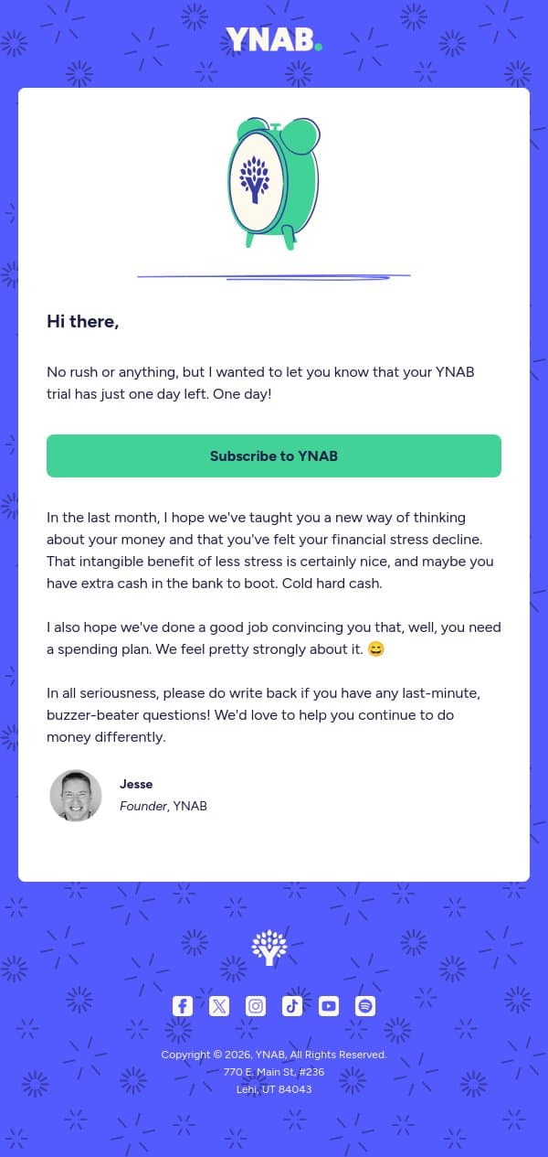 1 day left in your YNAB trial! email from YNAB screenshot