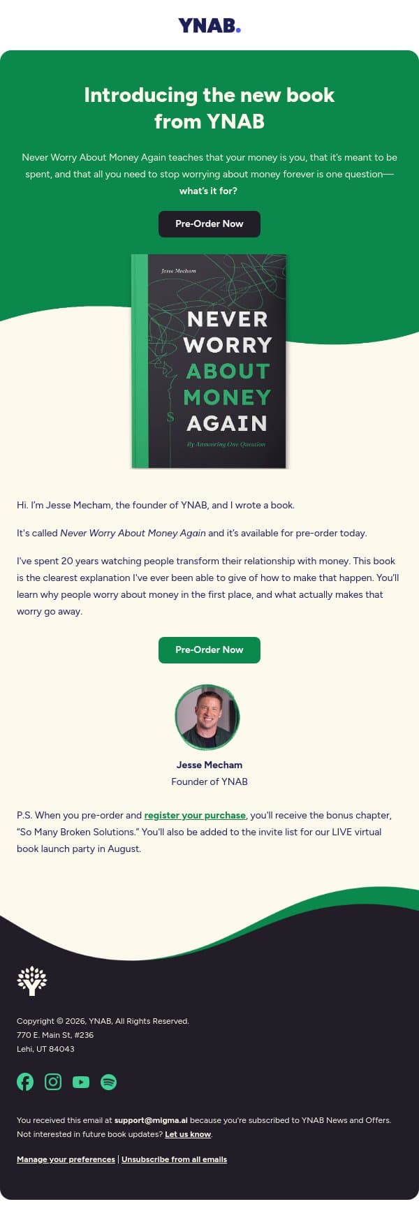 I wrote a book email from YNAB screenshot