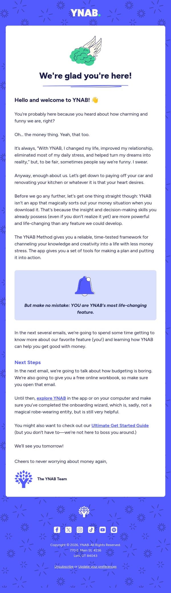 Welcome to YNAB! 🎉 email from YNAB screenshot