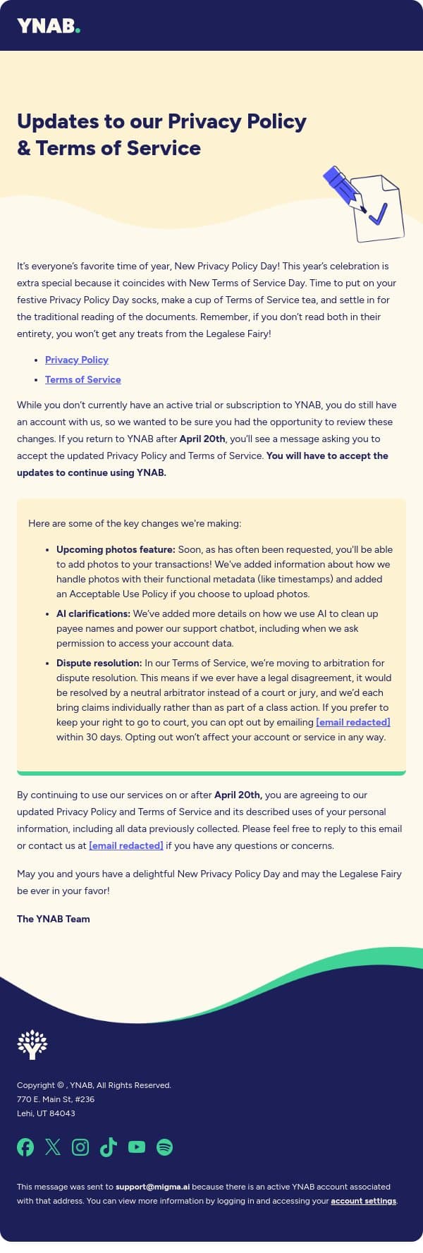 Updates to our Privacy Policy & Terms of Service email from YNAB screenshot