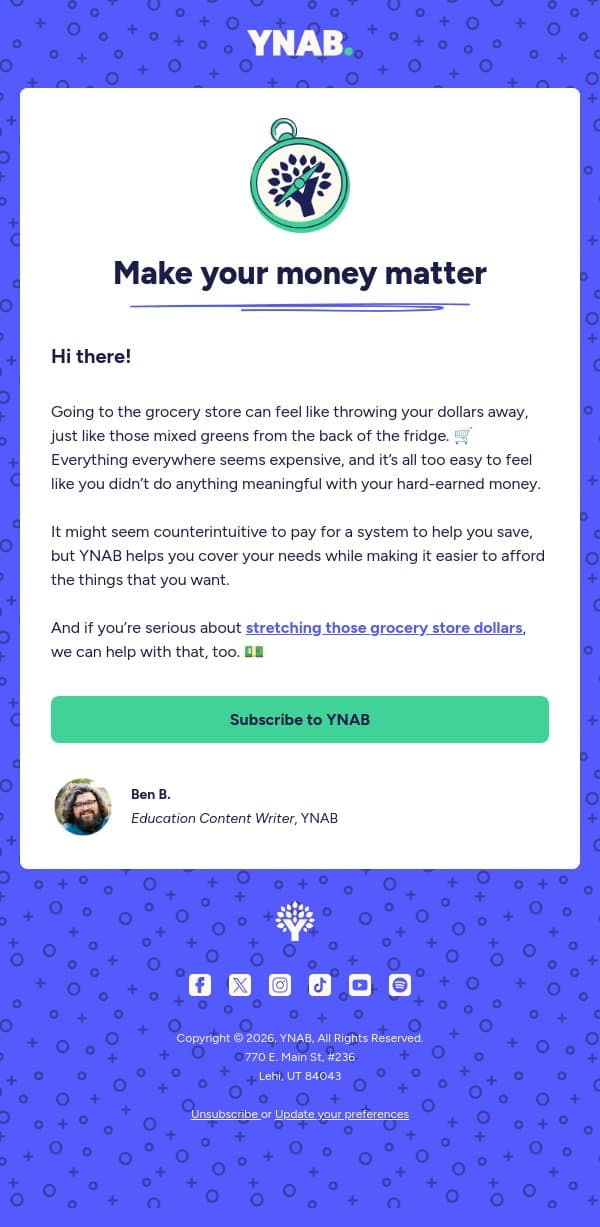 Make Your Money Matter… Even at the Grocery Store email from YNAB screenshot