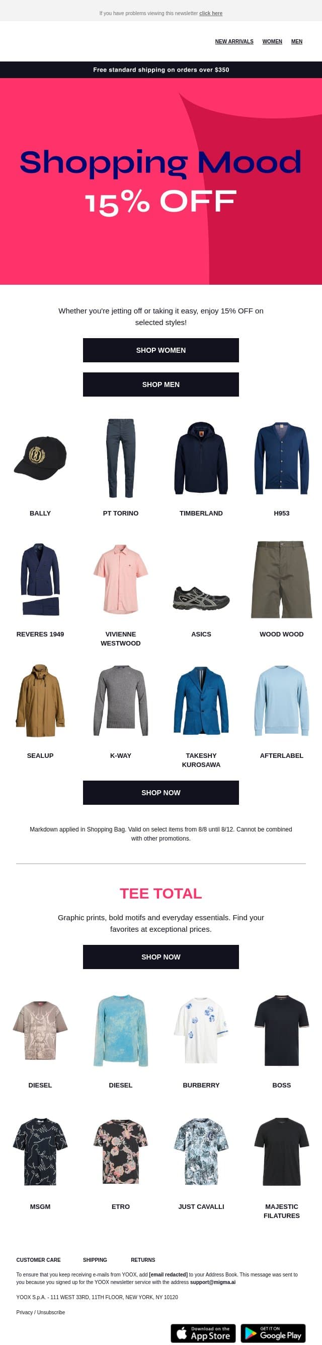 Weekend plans? Your 15% OFF is waiting... email from Yoox screenshot